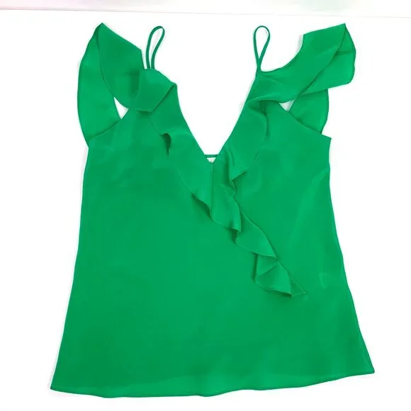 Amanda Uprichard Silk Ruffle Front Spaghetti Strap Cami Top Kelly Green Medium - Picture 13 of 16
